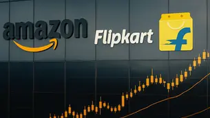 Amazon and Flipkart logos on a dark background with an upward-trending stock chart in orange, indicating financial growth.