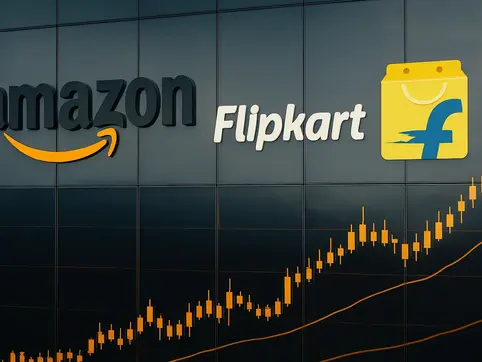 Amazon and Flipkart logos on a dark background with an upward-trending stock chart in orange, indicating financial growth.