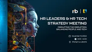 Futuristic AI face with circuitry, blue background. Text: HR Leaders & HR Tech Strategy Meeting, Nov 19, 2024, Shangri-La Jakarta.