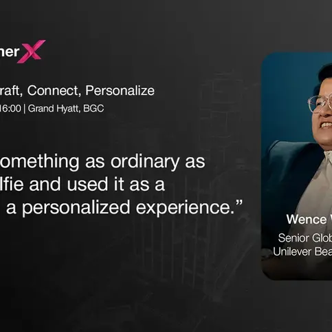 CustomerX event banner with a smiling person in a suit. Event: CX Unbound, May 21, 2025, Grand Hyatt, BGC. Quote and job title text.