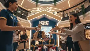 Smiling woman receives a coffee and bag from an employee at a gift display in a mall. "Loyalty Lounge" sign glows in background.