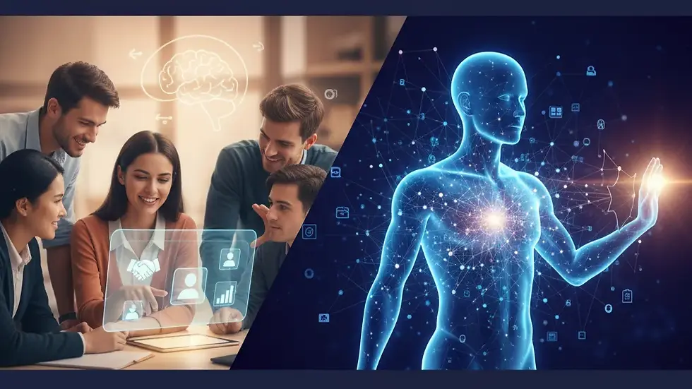 People discussing with digital icons overlaid, brain diagram in background; adjacent is a glowing blue human figure with tech elements.