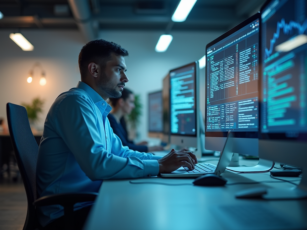 Man in blue shirt working on a computer with code on screens in a dimly lit office. Focused mood, modern workspace with plants.