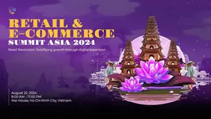Retail & E-commerce Summit Asia 2024 poster. Pagodas and pink lotuses on purple background. Event info: Aug 22, Ho Chi Minh City, Vietnam.