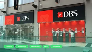 Bank entrance with DBS logos. Red and black color scheme. A person stands at ATMs. Tags below: Finance, Technology, Leadership, DBS, Singapore.