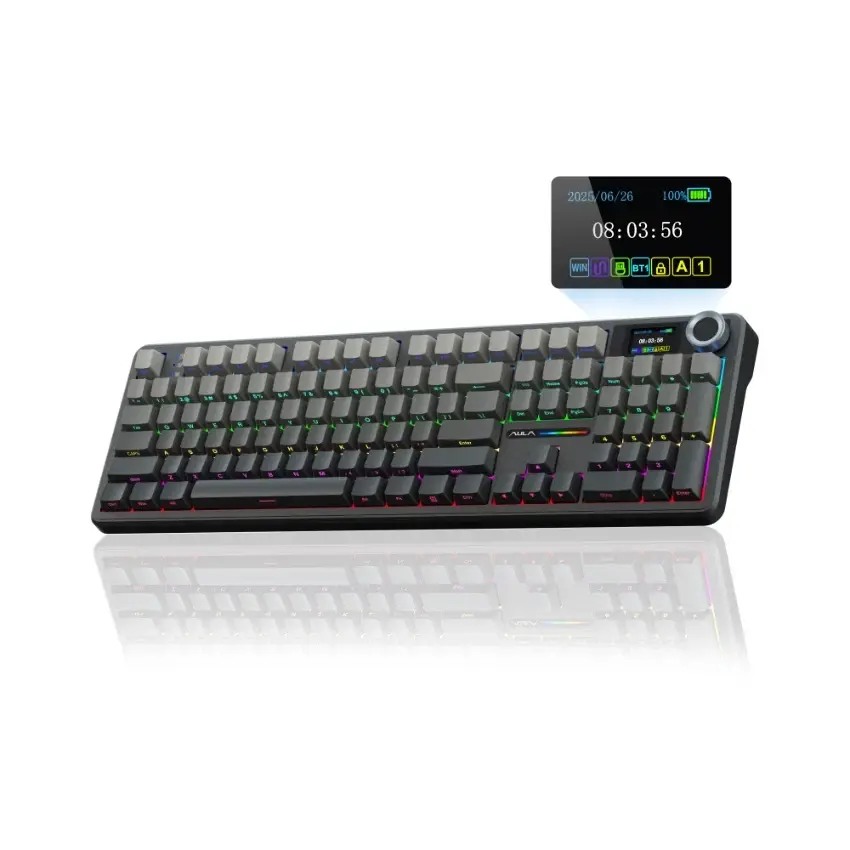 AULA F108 Pro Fine Dust Ash: black case, grey-to-black gradient keycaps, upright beside underside