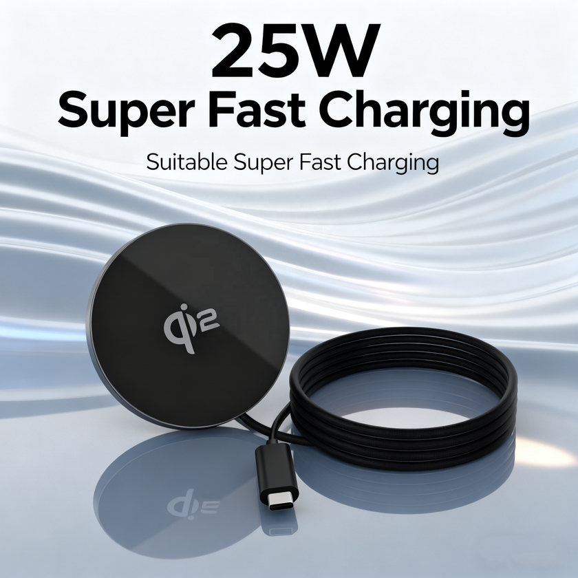 Black Qi2 25W magnetic wireless charging pad with its coiled black USB-C cable
