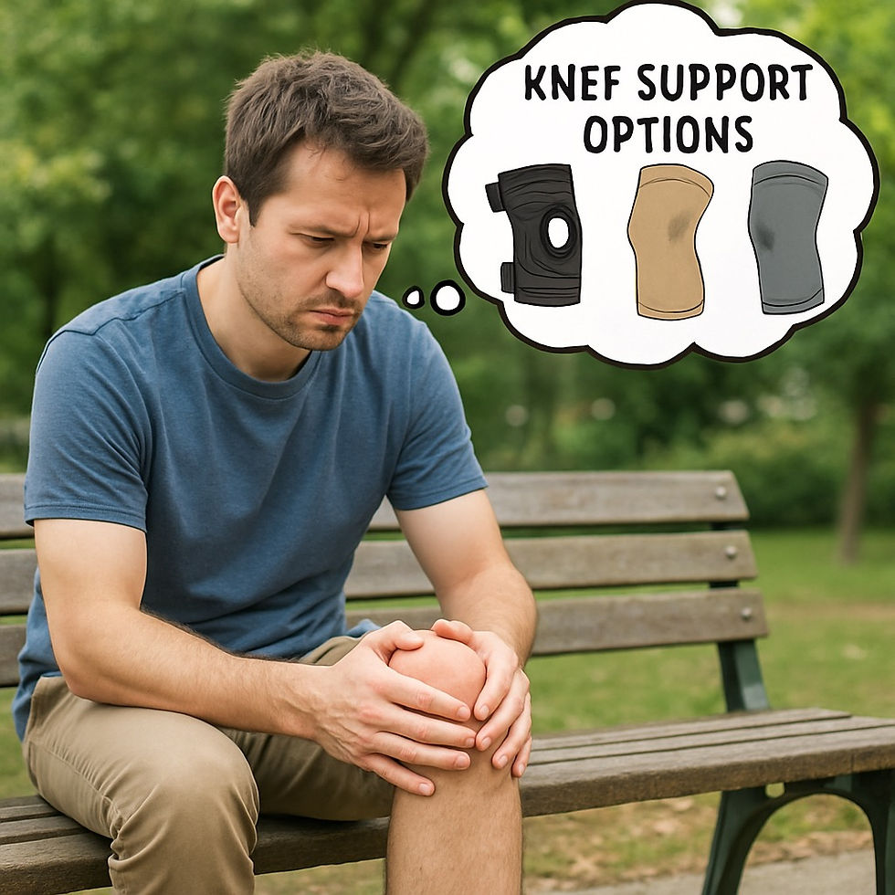 Person sitting on a bench holding their knee in pain, contemplating knee support options