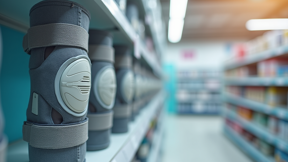 Eye-level view of a knee brace on a shelf in a medical supply store