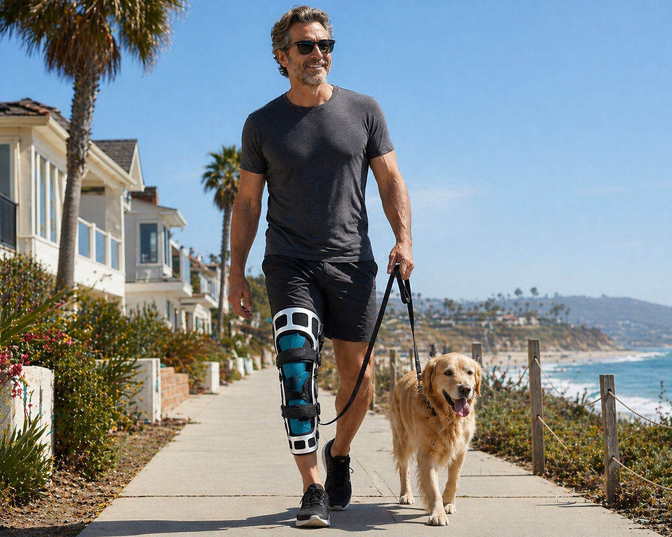 A person comfortably walking in a park while wearing a supportive orthopedic knee brace