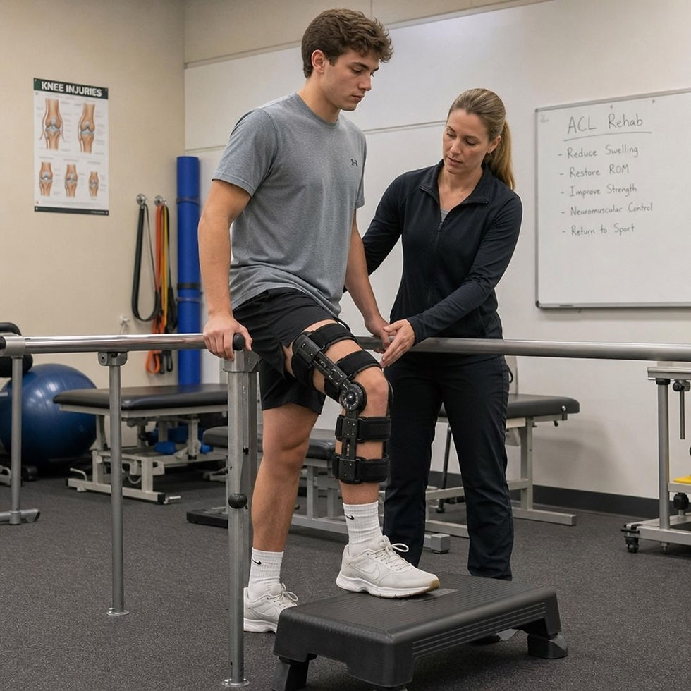 Athlete wearing a rigid hinged knee brace during physical therapy for an ACL tear