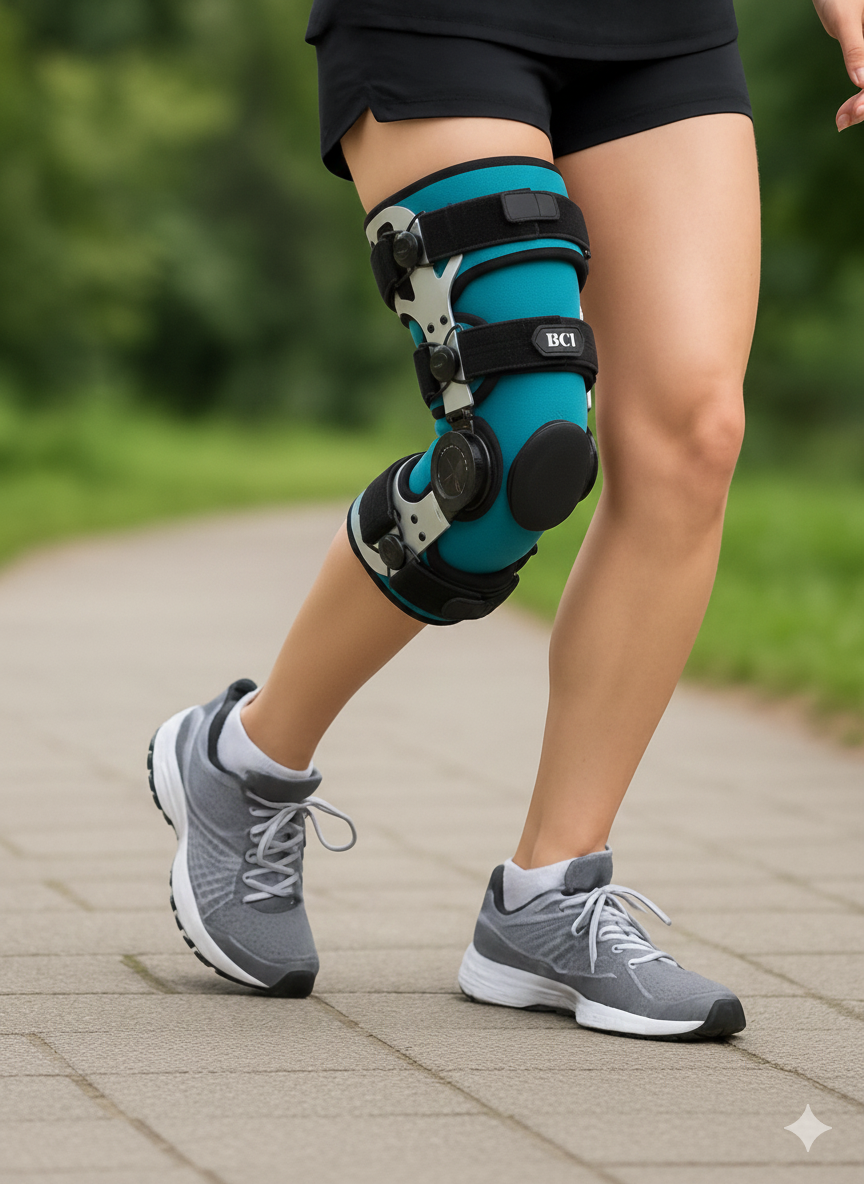 Image of a knee unloader brace being worn during a physical activity
