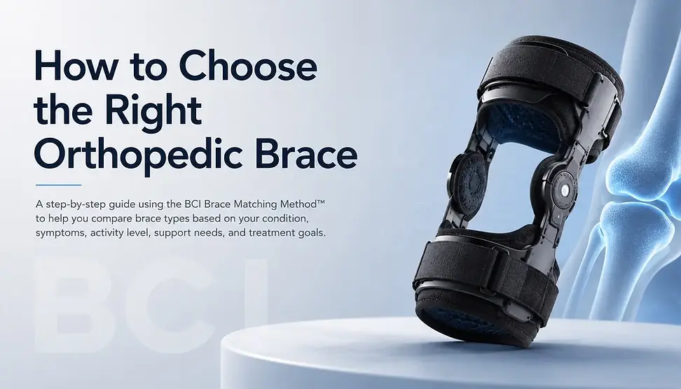 Medical-grade orthopedic knee brace displayed on a clean blue background with the page title "How to Choose the Right Orthopedic Brace."