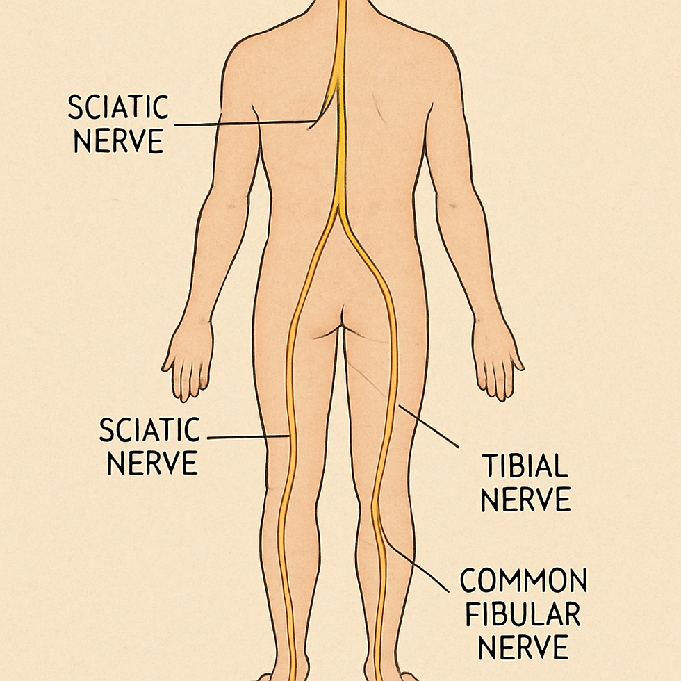 Diagram of the sciatic nerve pathway from the lower back down both legs