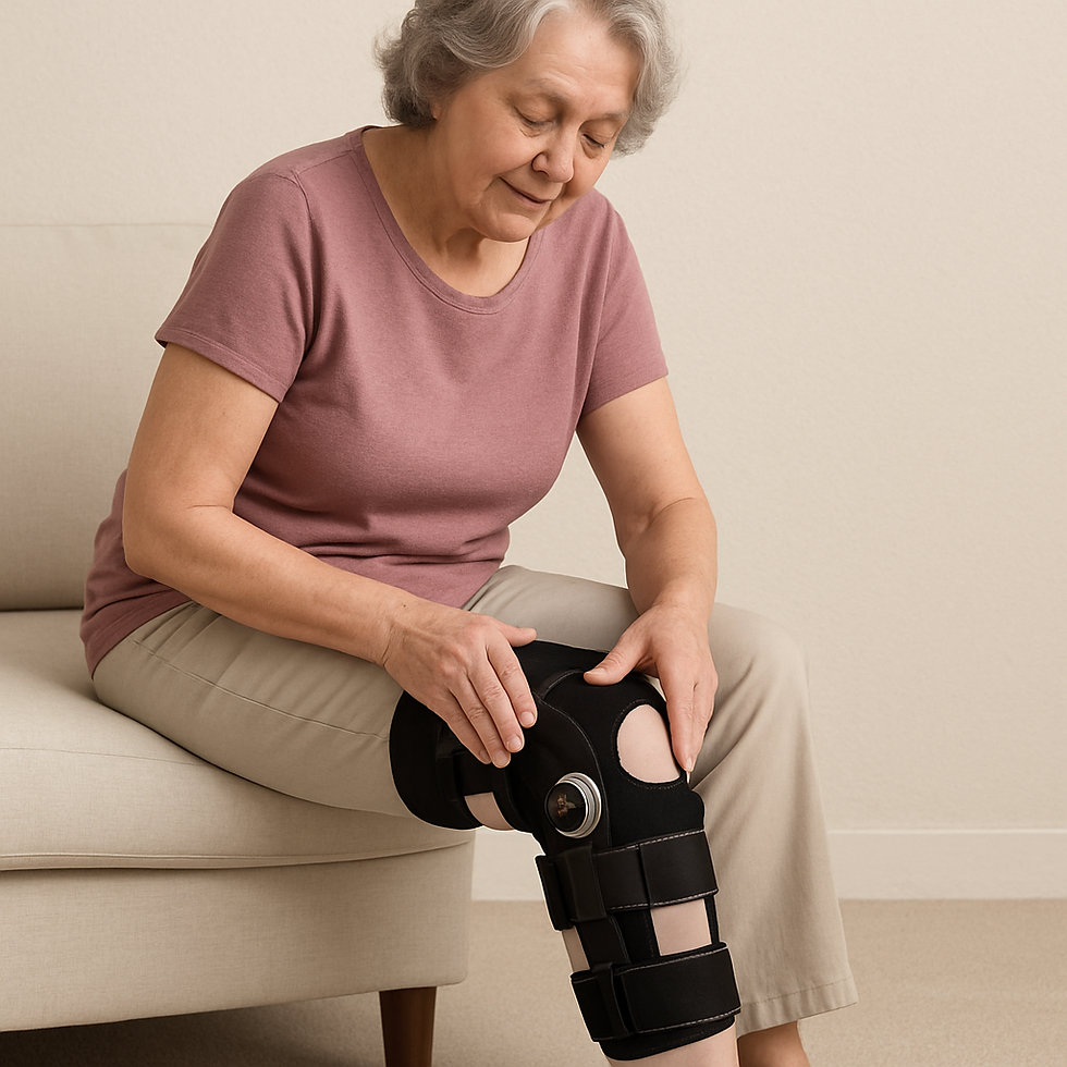 an old lady wears the best knee support to relieve knee pain while sitting on coach at home