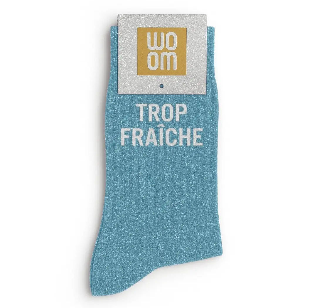 Chaussettes pailletées à message "TROP FRAÎCHE"