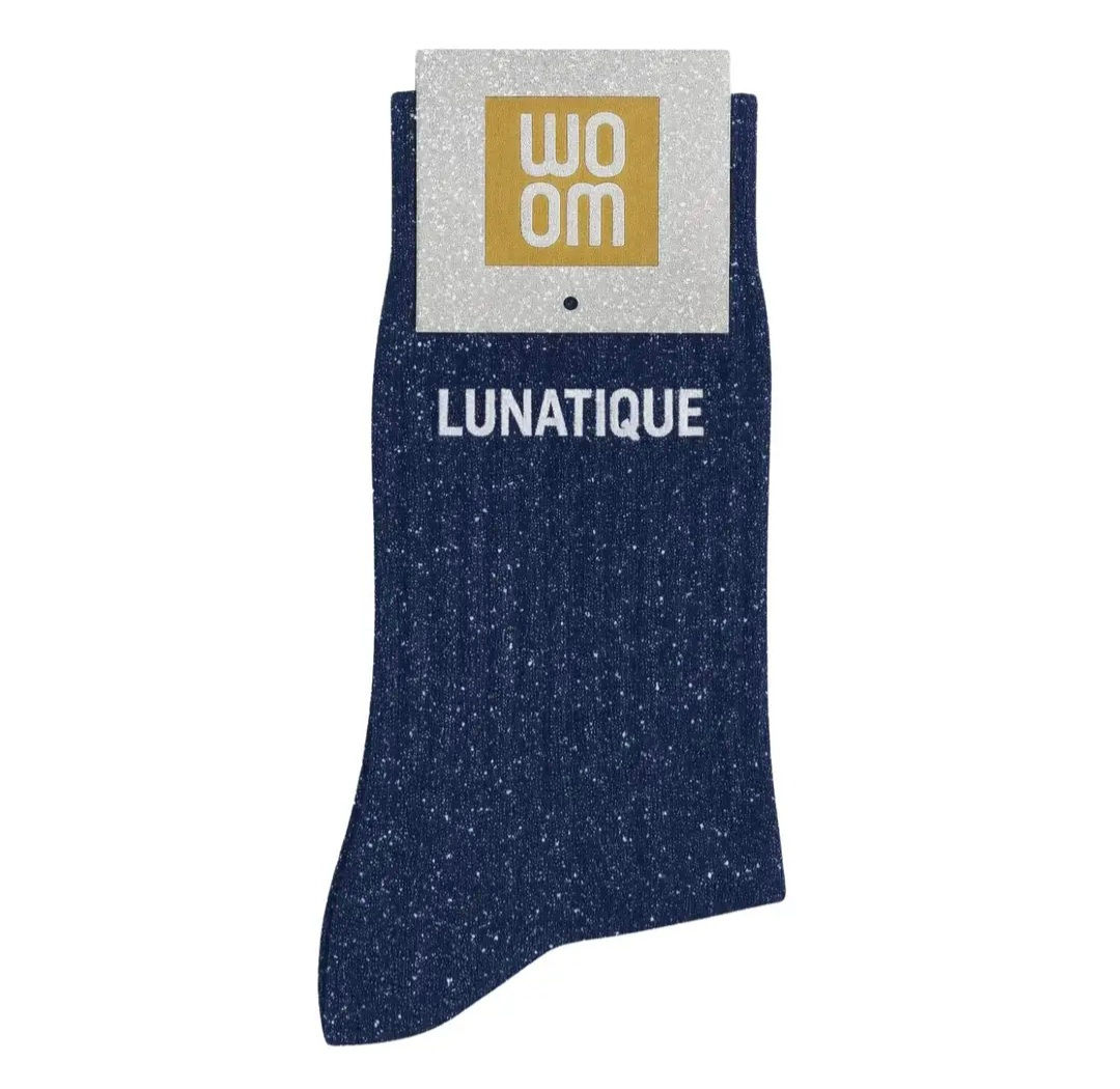 Chaussettes pailletées à message "LUNATIQUE" Marine