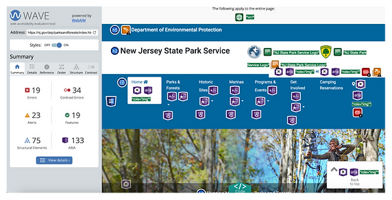 Screenshot of a web accessibility evaluation using the WAVE tool, highlighting errors, alerts, contrast issues, and ARIA elements on the New Jersey State Park Service website.