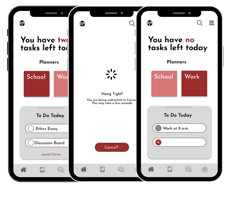 High-fidelity mobile screens showing task completion states in the RUConnected planner, including remaining tasks, a loading state during Canvas redirection, and an updated view after tasks are completed.