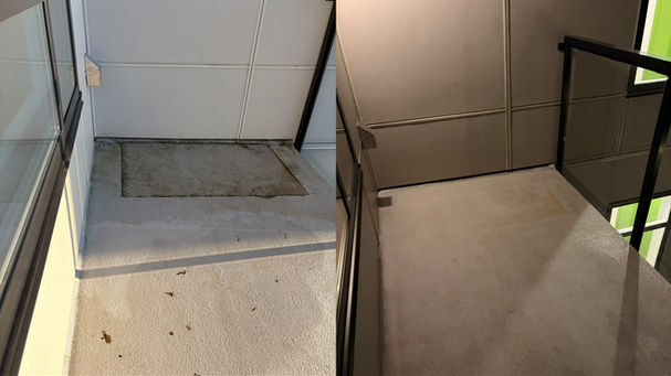 Left: dirty floor with mat. Right: same floor clean.