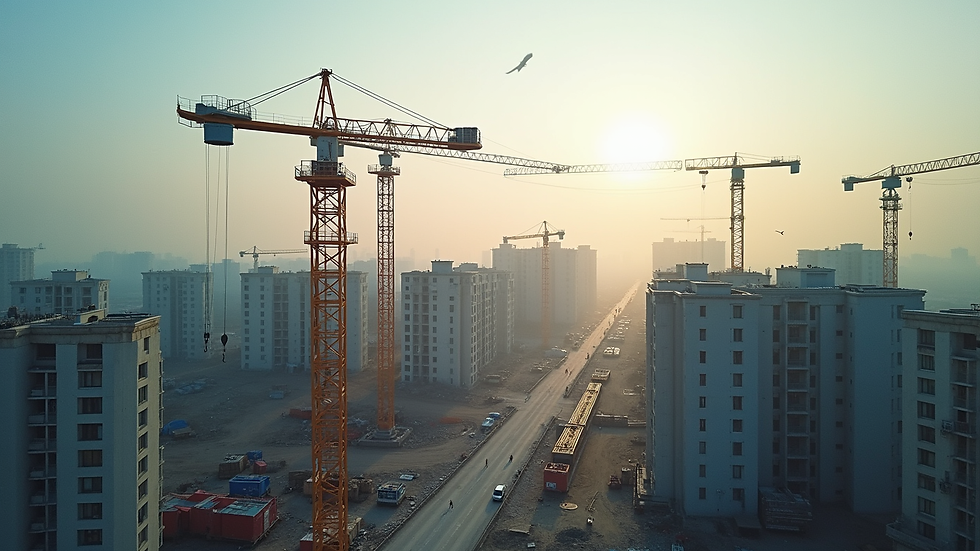 High angle view of a construction site with cranes and new residential buildings