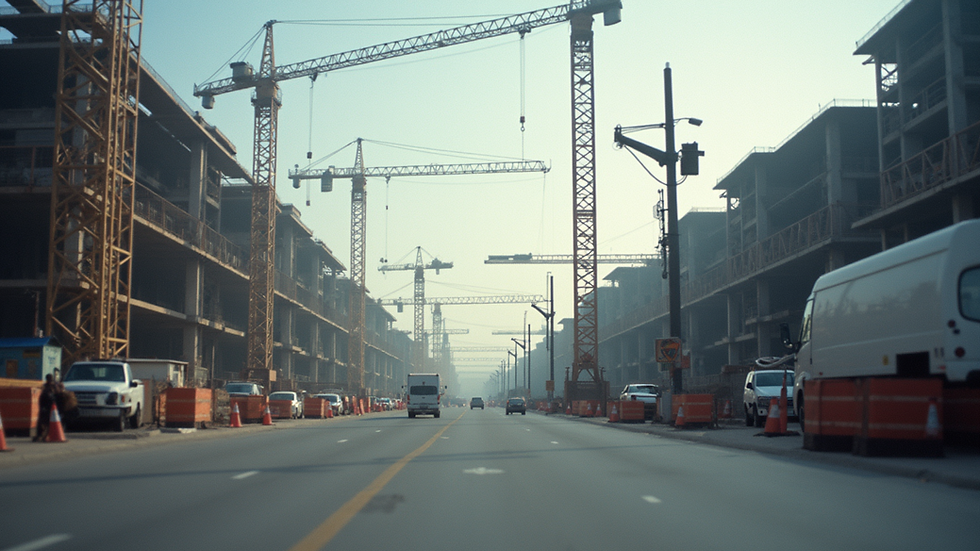 Eye-level view of a construction site with cranes and building structures