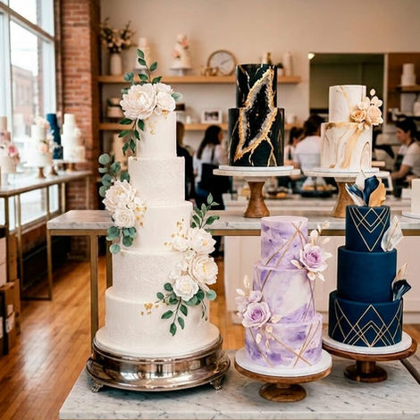 Elegant custom cake designs with detailed tiers, textures, and decorative elements for celebrations in Canada