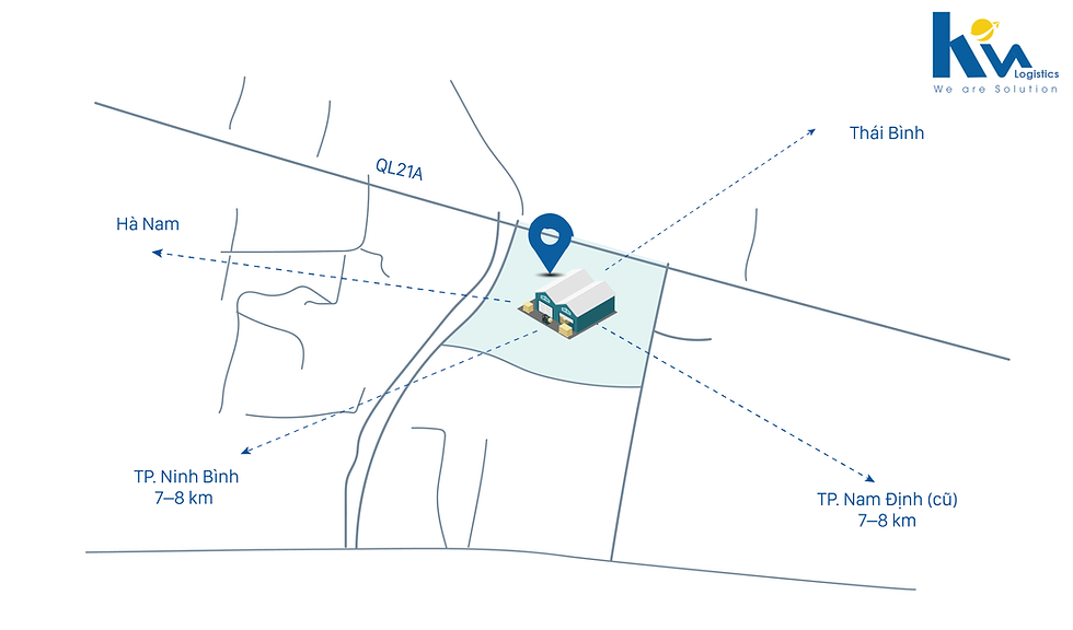 Vị trí kho tại trung tâm các đường quốc lộ, tỉnh lộ