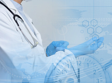 Composition of medical data processing over doctor putting surgical gloves on. global covi