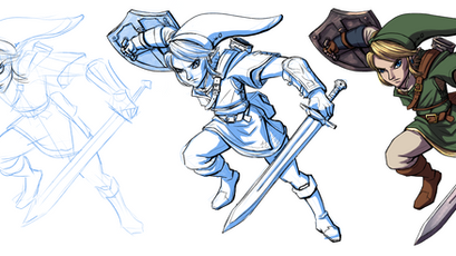 A progression of a drawing with a loose sketch on the left, a version with developed lineart and rough block shading in the middle, and full colour on the right. The picture shows Link in his design from The Legend of Zelda: Twilight Princess, adopting an action pose in his iconic green garb with the Hylian Shield and Ordon Sword.