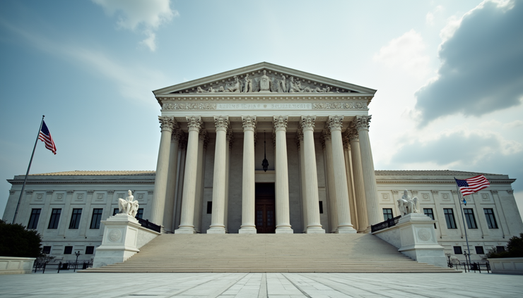 Eye-level view of the United States Supreme Court building with American flags in front