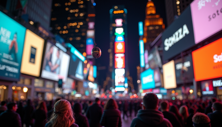 Eye-level view of the Times Square ball illuminated at night during New Year’s Eve celebration