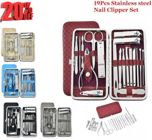 19 Piece Nail Care Set Kit Manicure Pedicure Cutter Clippers Case Mens Ladies