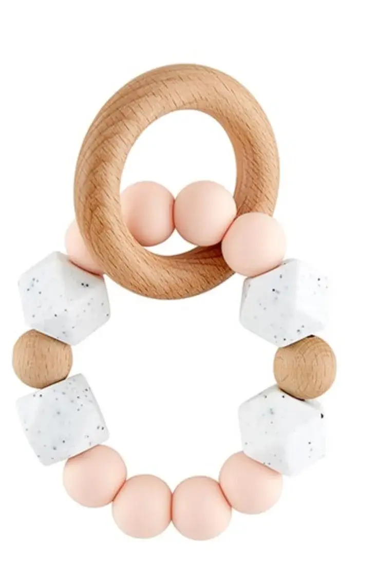 Silicone wood teether pink