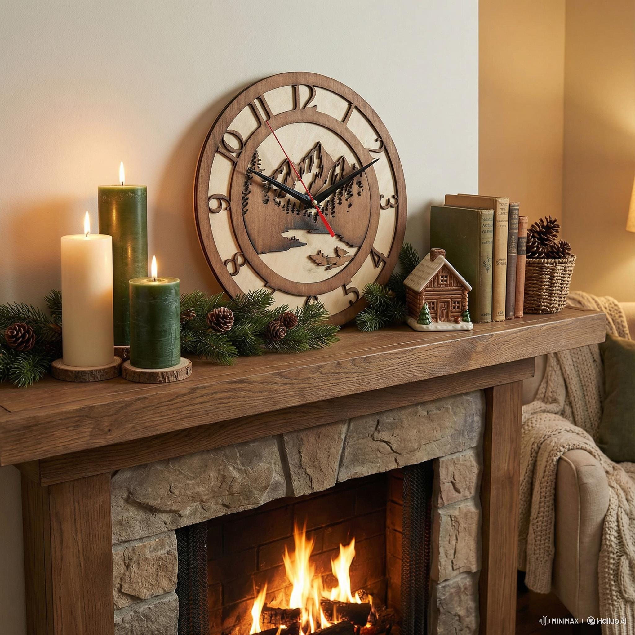 Mountain Forest Wooden Wall Clock: Rustic Cabin Decor