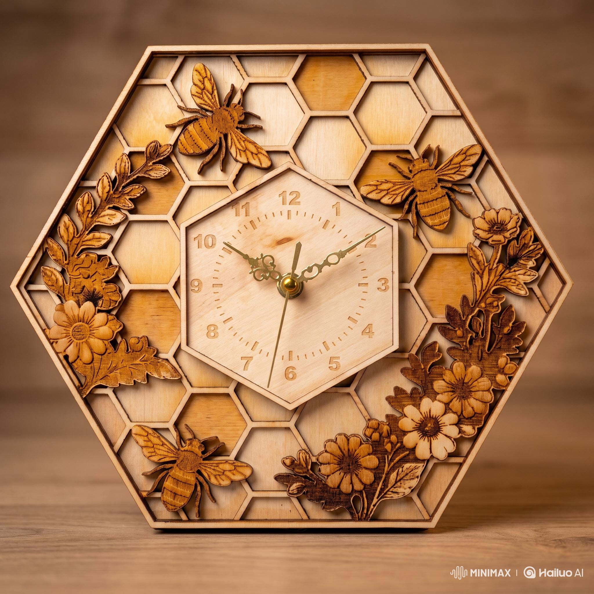 Whimsical Wooden Honeycomb Clock - Bee Floral Design Hexagon Wall Art - Decor...