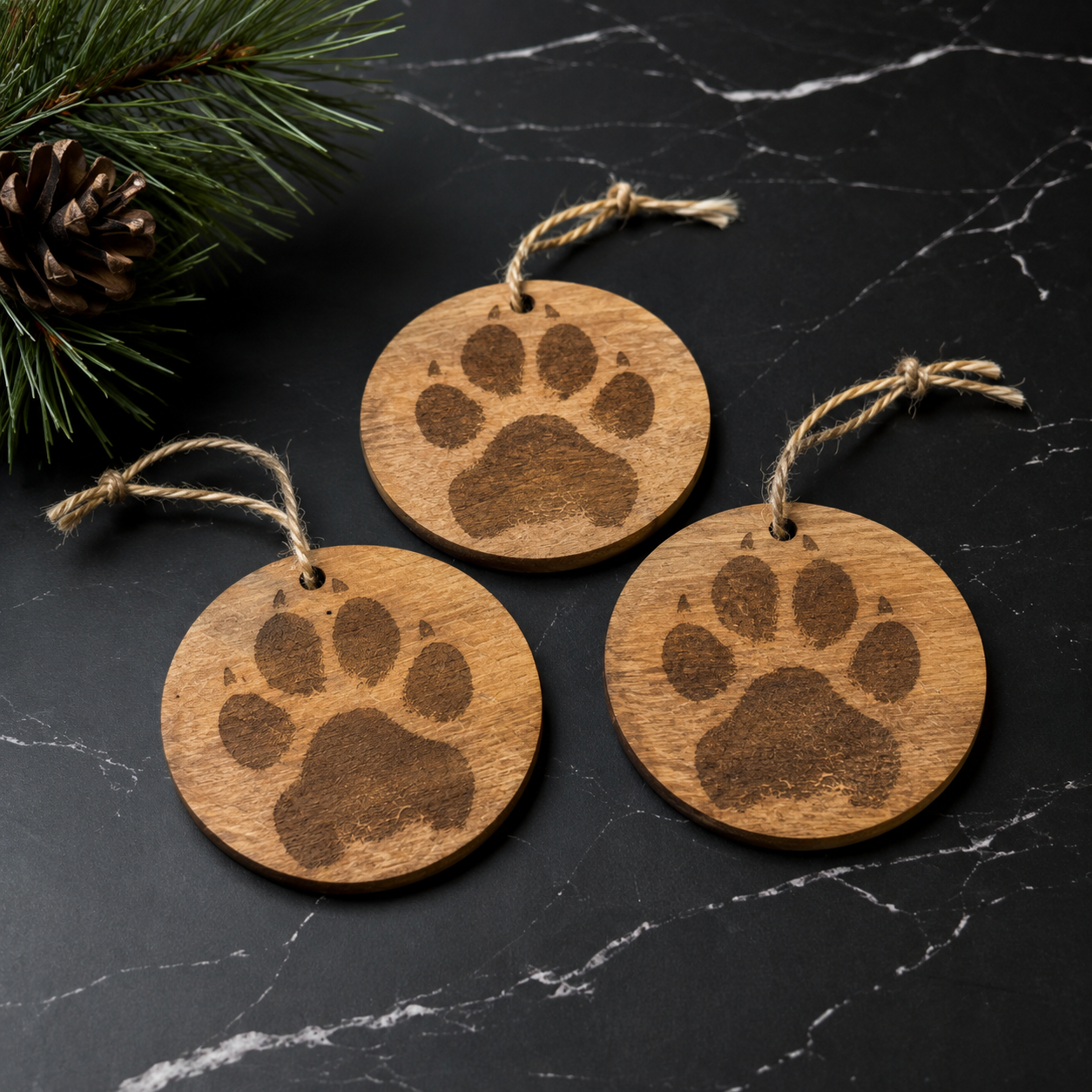 Custom Paw Print Ornament Set | Wood Pet Memorial Ornaments