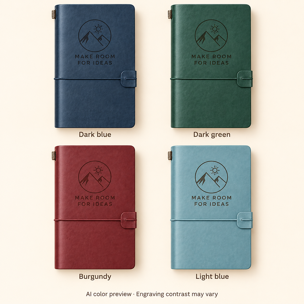 custom text logo faux leather journal 02 four color overview; AI-assisted design preview