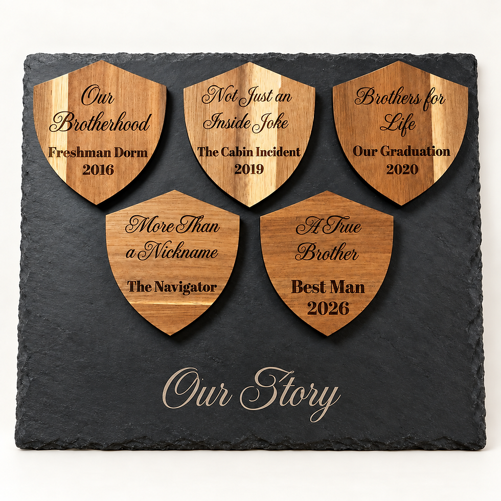 Personalized groomsman achievement timeline with five engraved wood shields on slate