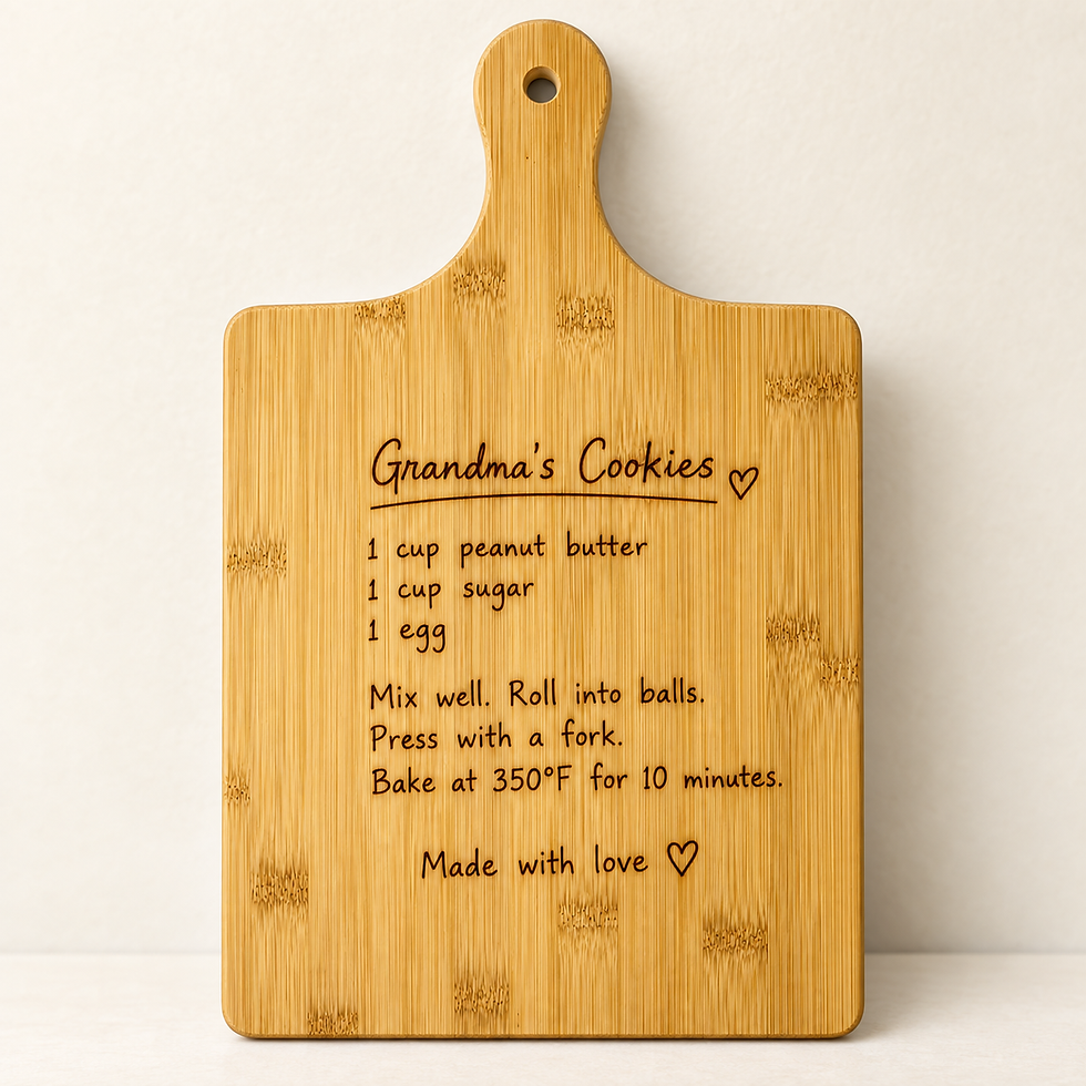 Custom engraved bamboo paddle cutting board with a family recipe