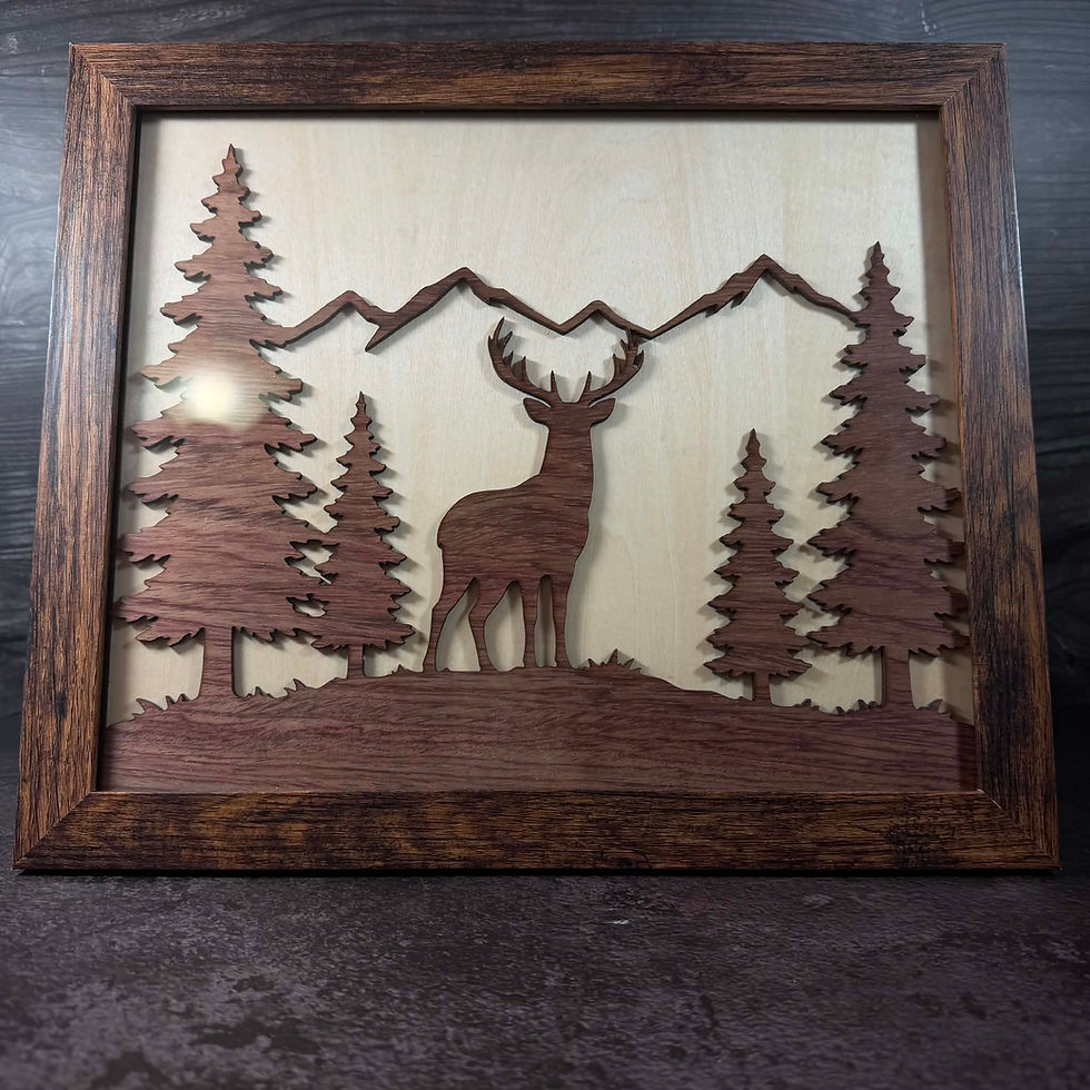 Thumbnail: Layered Wood Deer & Mountain Scene – Framed 3D Silhouette Wall Art