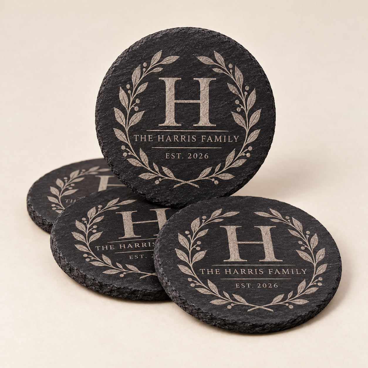 personalized round slate coaster set family monogram