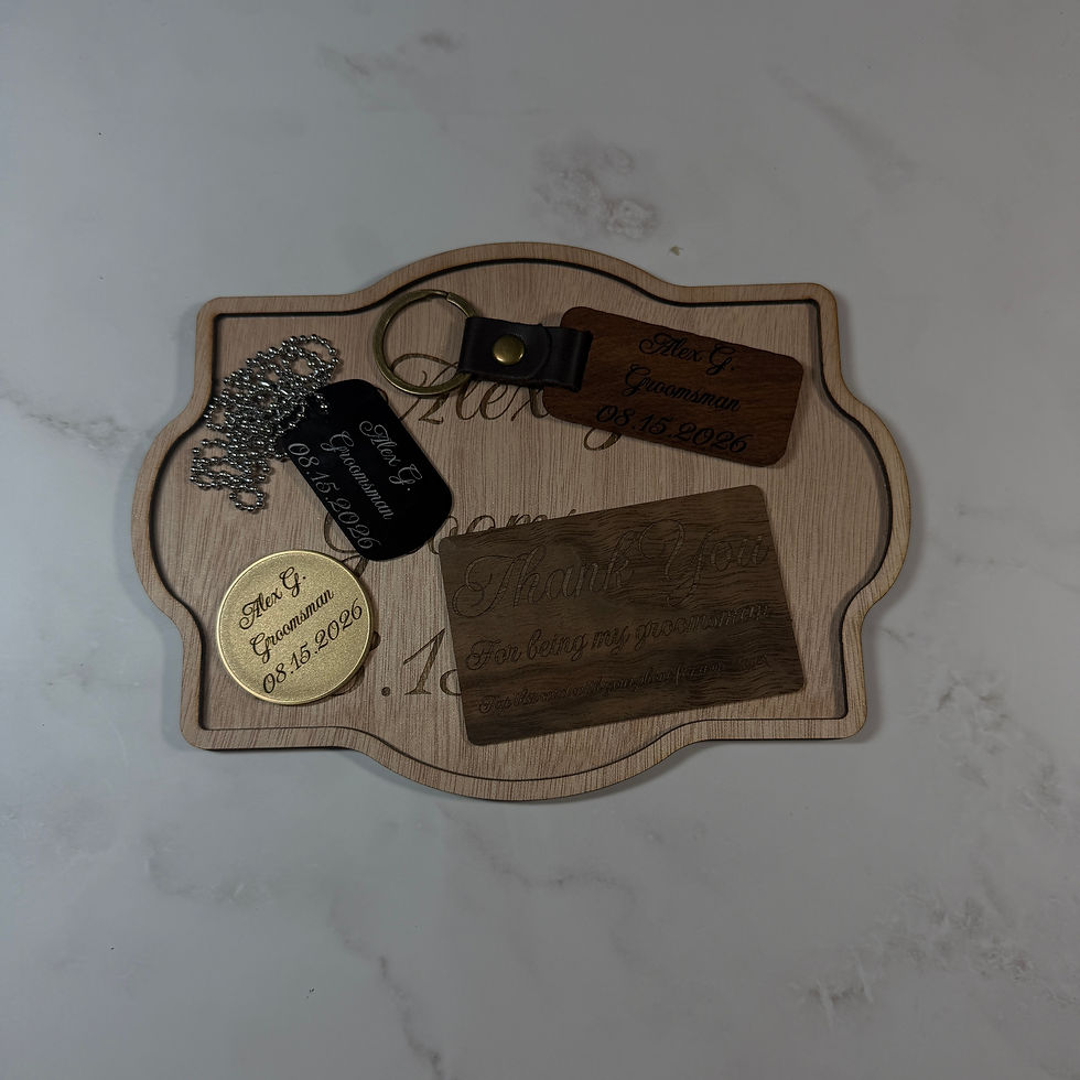 Thumbnail: Custom Groomsman Gift Set – Wood Valet Tray, Dog Tag, Coin, NFC Card & Keychain
