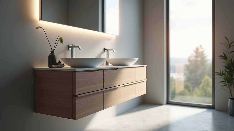 Eye-level view of modern bathroom vanity with storage drawers