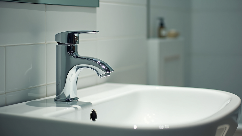Close-up of chrome faucet and ceramic sink in bathroom