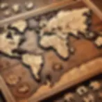 A detailed wooden world map puzzle with several puzzle pieces removed. The map features engraved country borders and names, with some loose pieces placed around the puzzle, awaiting assembly.