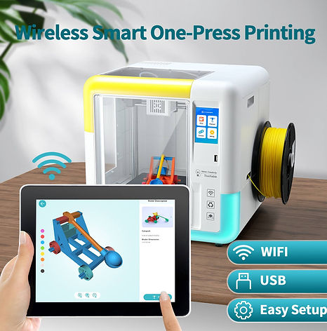 Tablet controlling the X-Maker 3D printer wirelessly, showing a colorful catapult model ready for one-press printing.