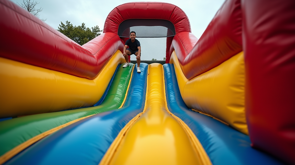 High angle view of an obstacle course bouncing castle with slides