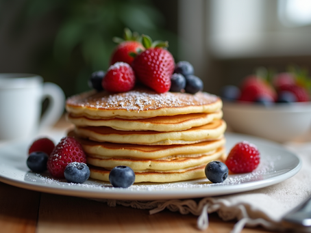 Stack of fluffy vegan pancakes with fresh berries on top with a dusting of icing sugar.