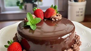 A rich chocolate cake adorned with fresh strawberries and mint leaves sits on a decorative plate, set against a cozy kitchen background.